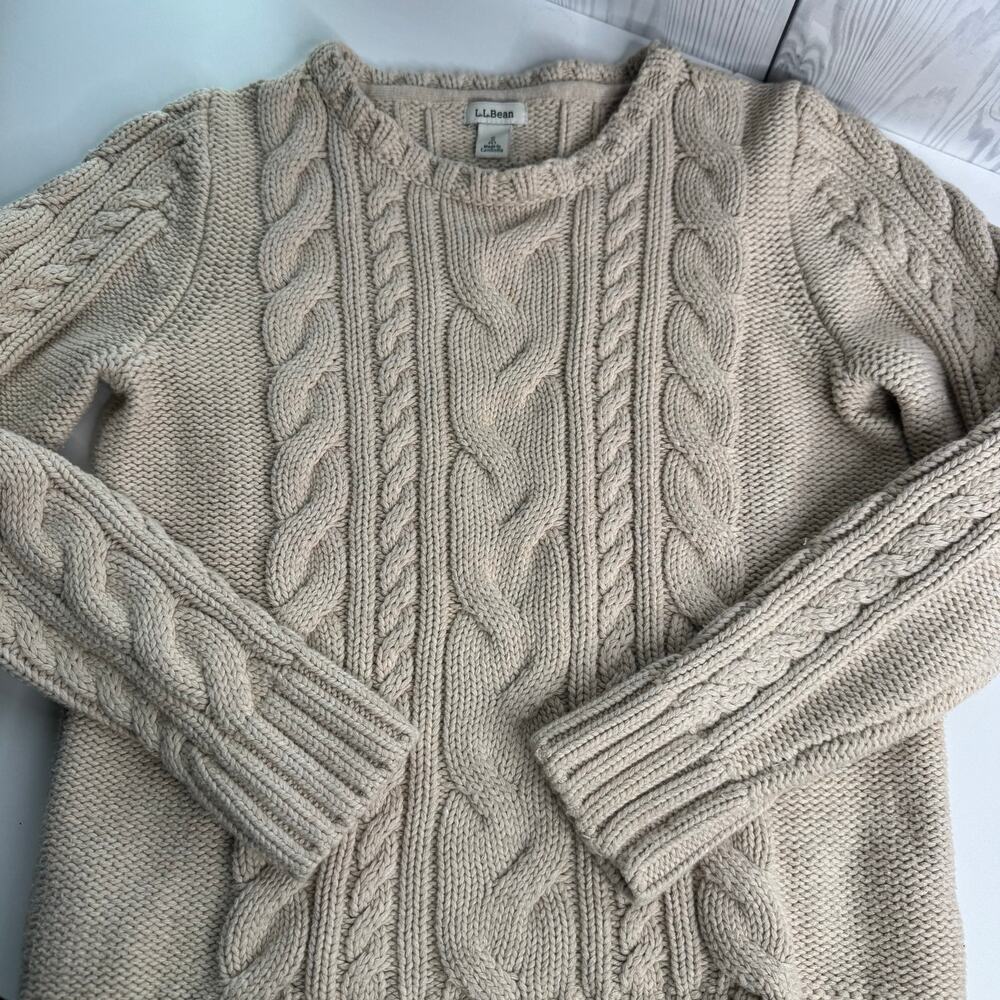 LL Bean Sweater Womens Size Small Petite Cable Knit 100% Cotton Crewneck